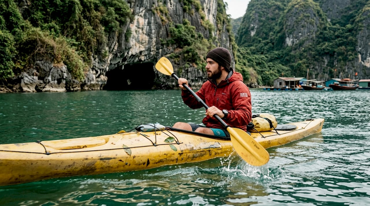 Traveler kayaking limestone karst in Ha Long Bay