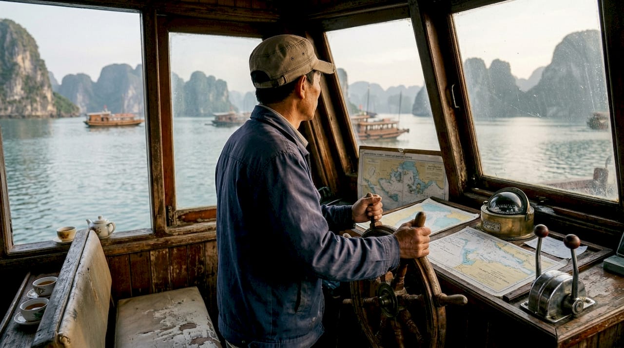 Boat captain navigating Ha Long Bay limestone islands