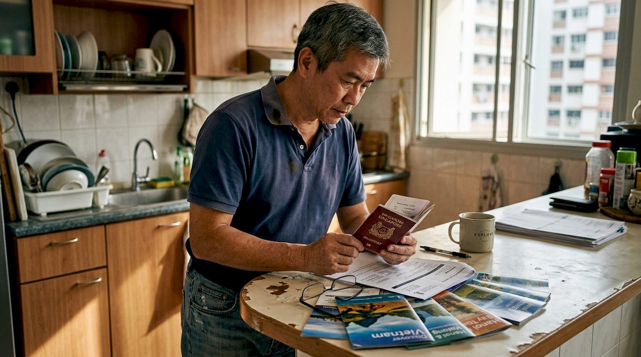 Man checking passport details for Vietnam trip