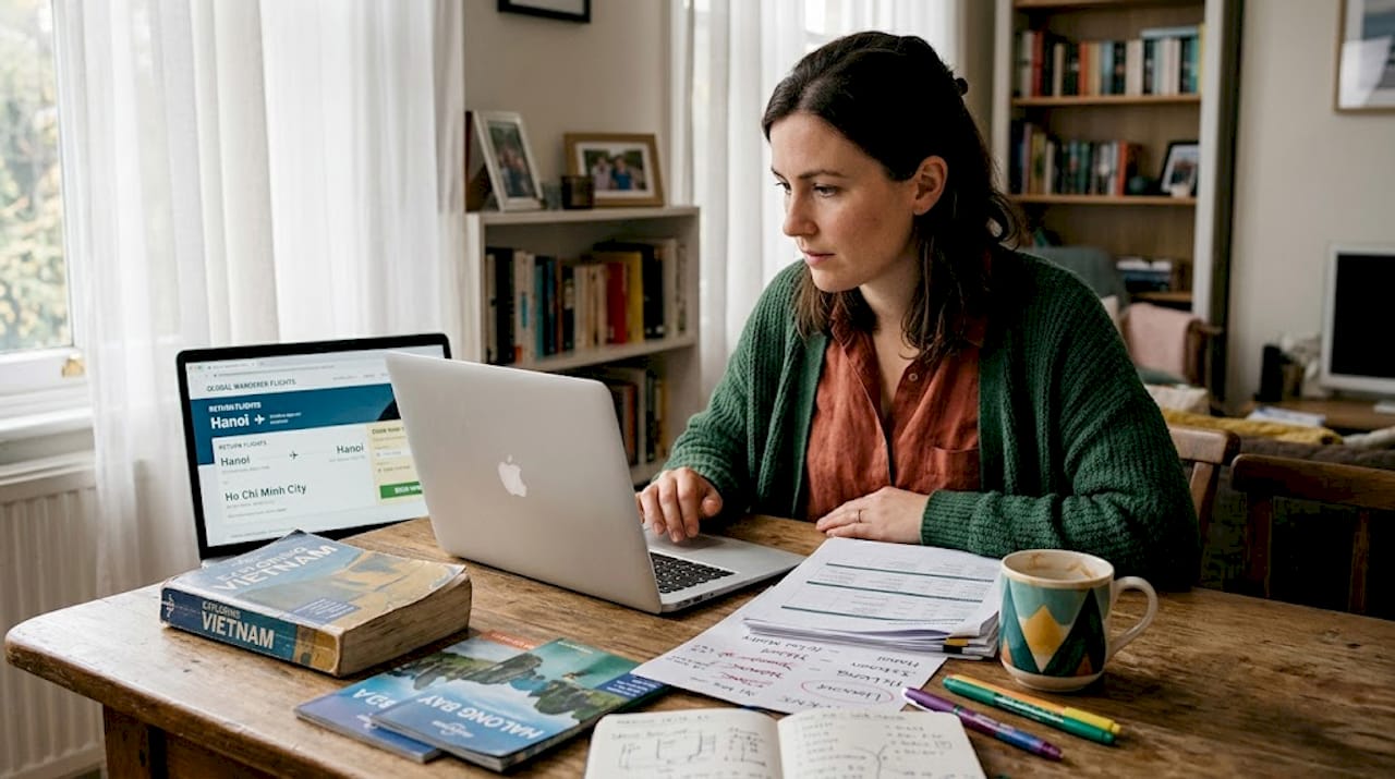 Woman planning Vietnam trip at home