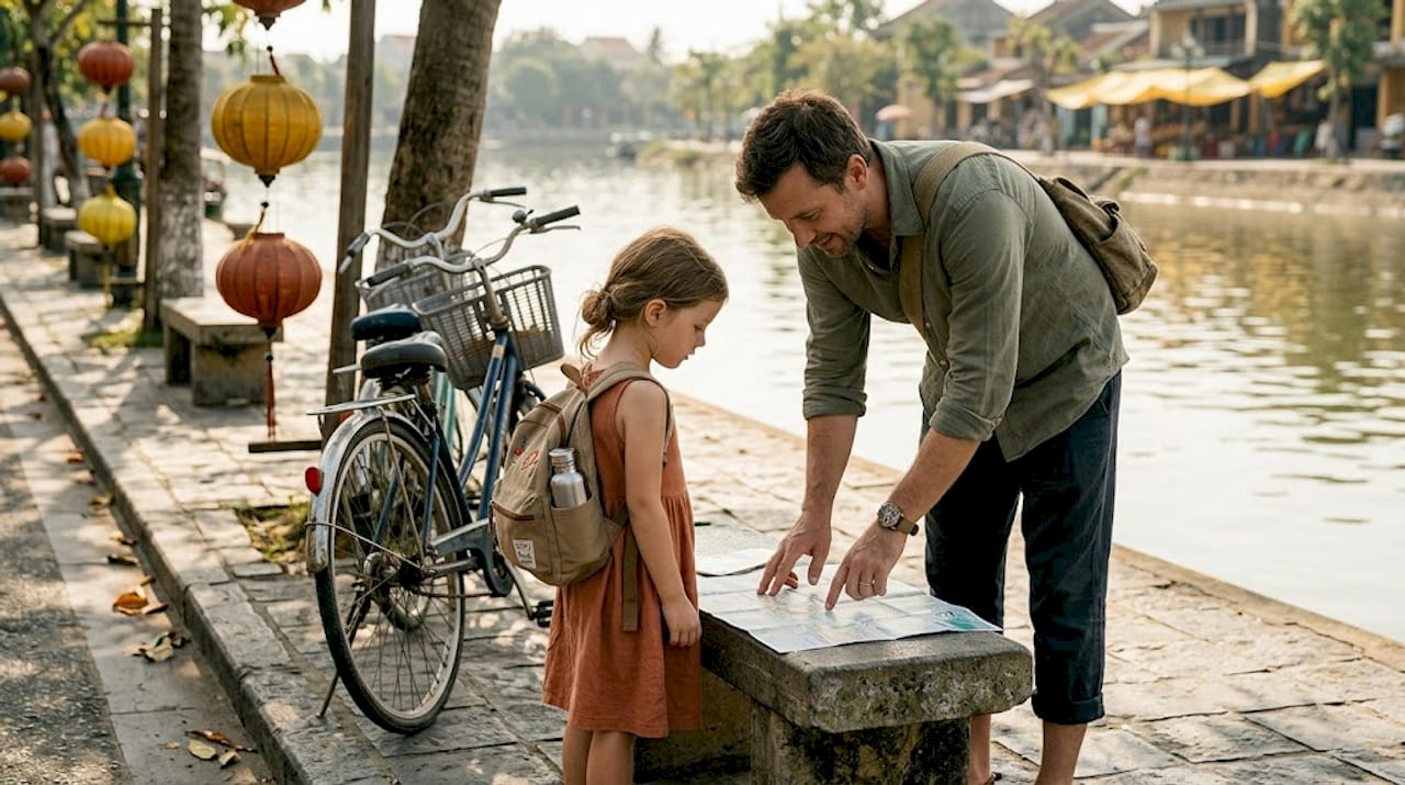 Family reviewing Vietnam itinerary outdoors