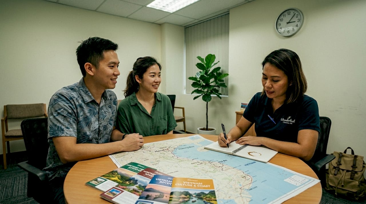 Travel agent meeting clients for Vietnam tour
