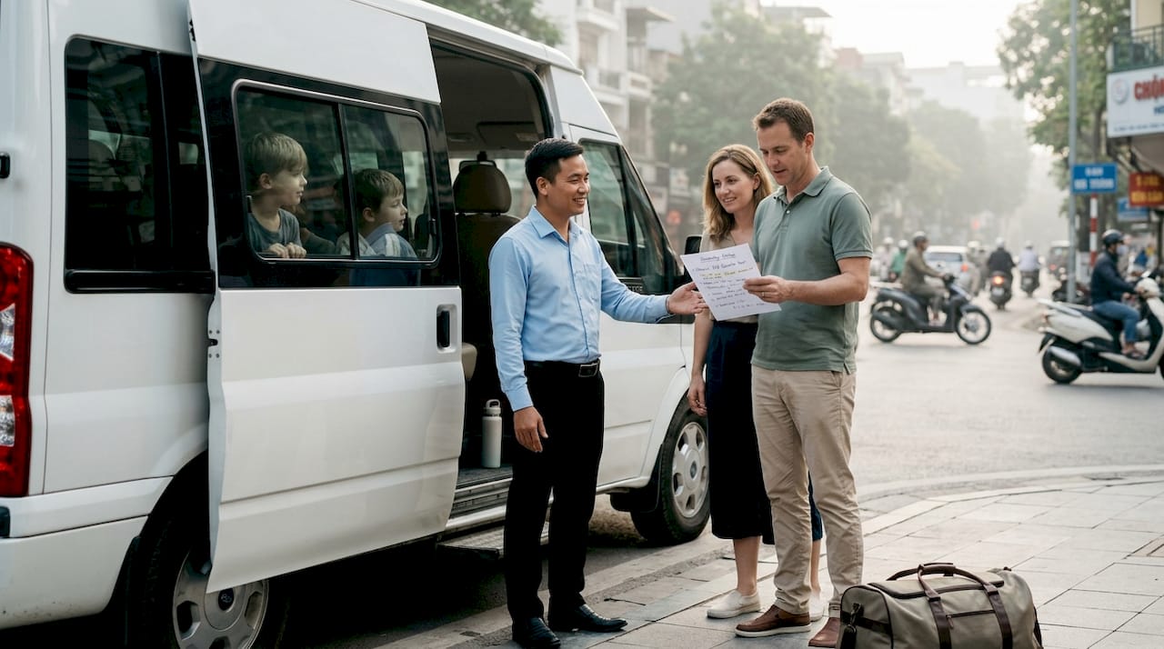 Vietnamese guide greeting family beside tour van