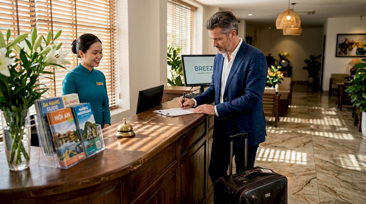 Guest checking out in small hotel lobby