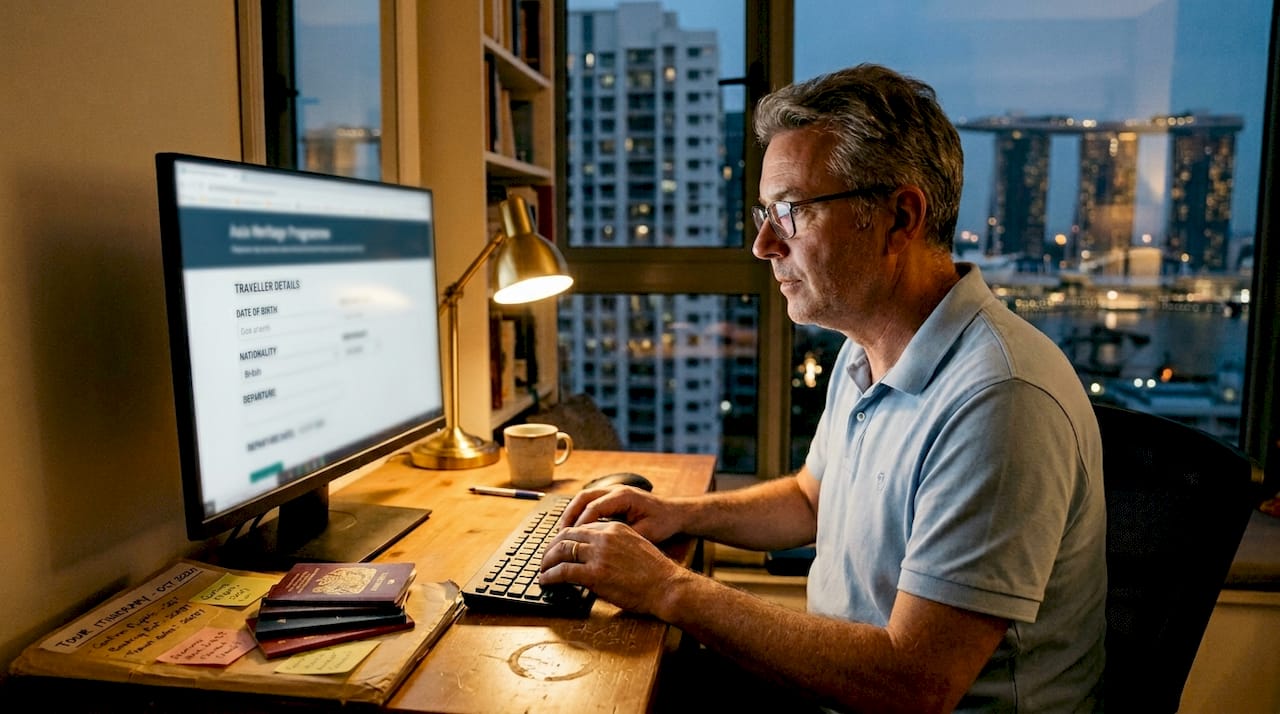 Man filling group travel booking form