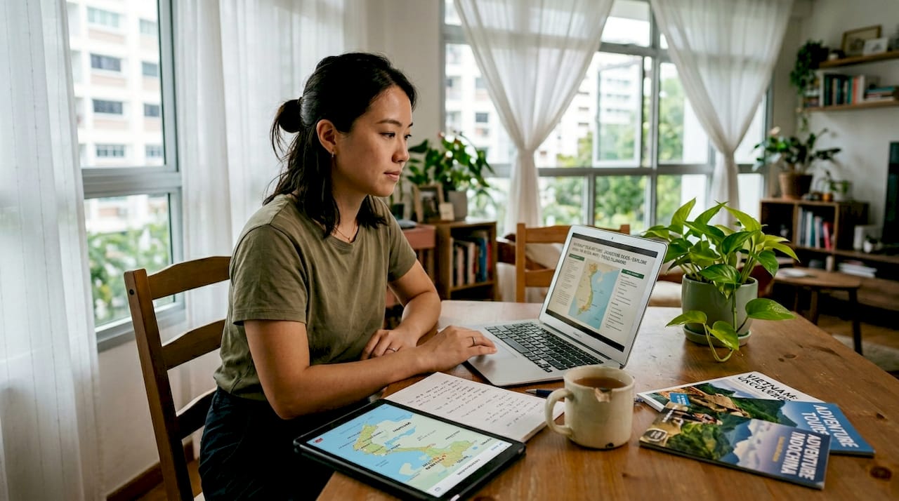 Woman planning Vietnam tour at home table