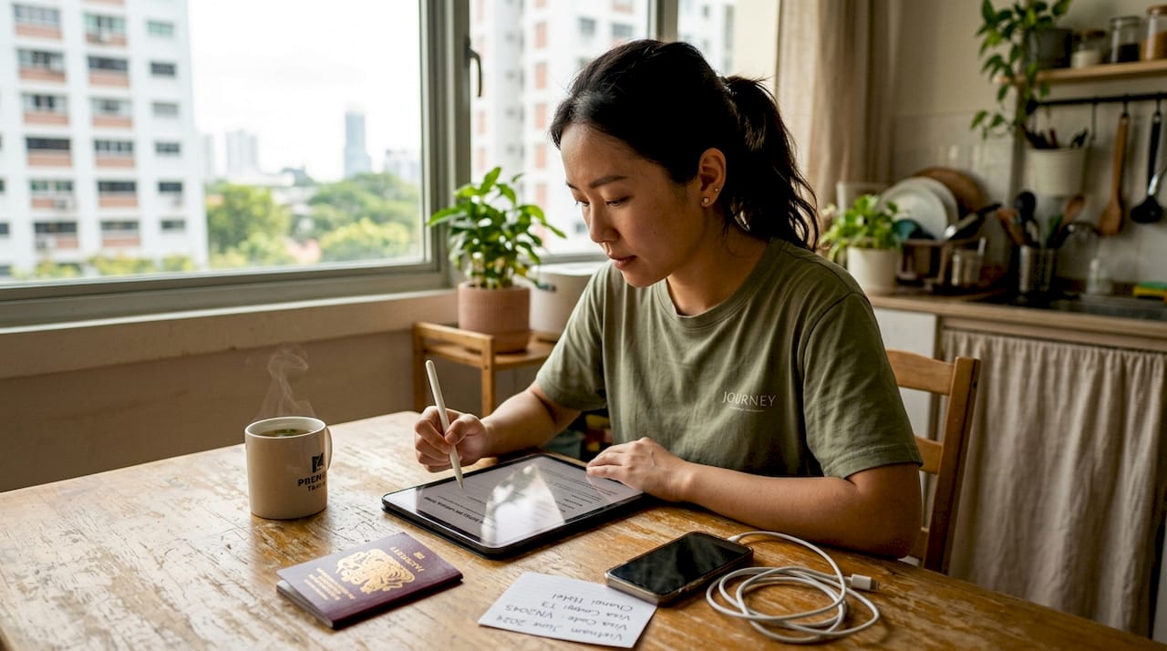 Woman completing Vietnam digital arrival form