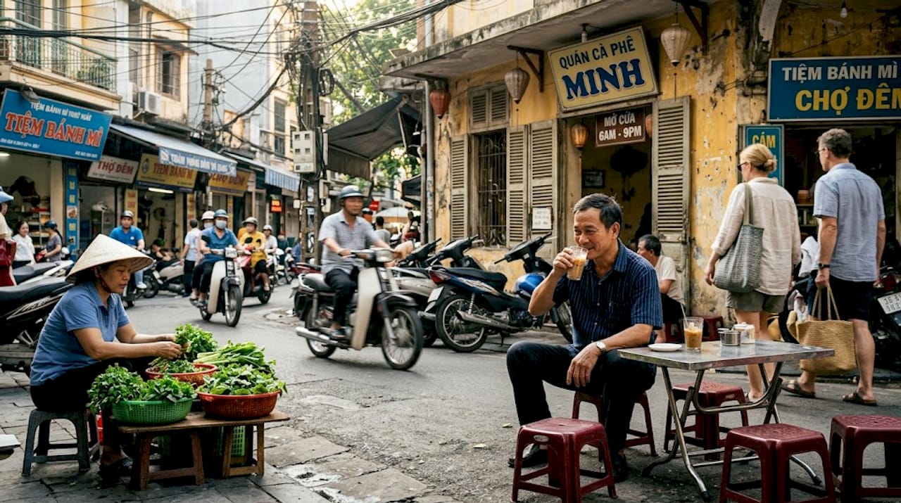 Hanoi Old Quarter street cafe morning scene
