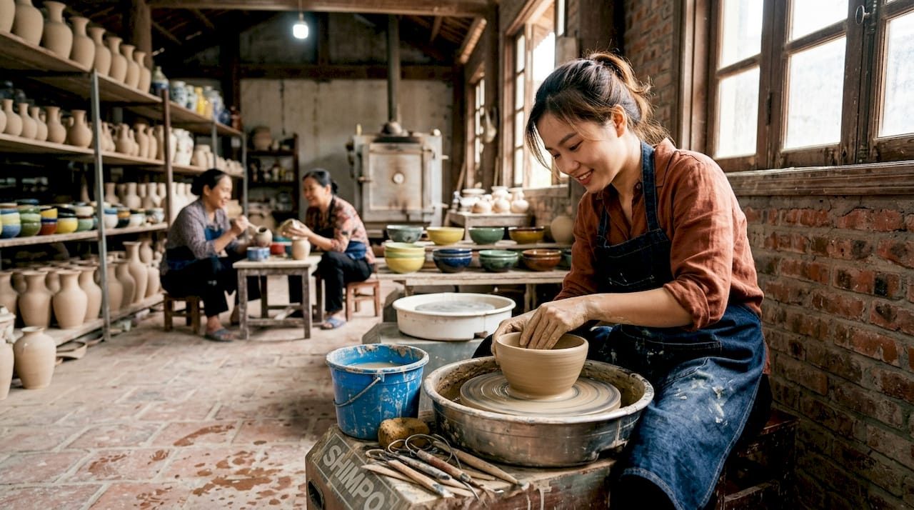 Pottery workshop scene in craft village Hanoi