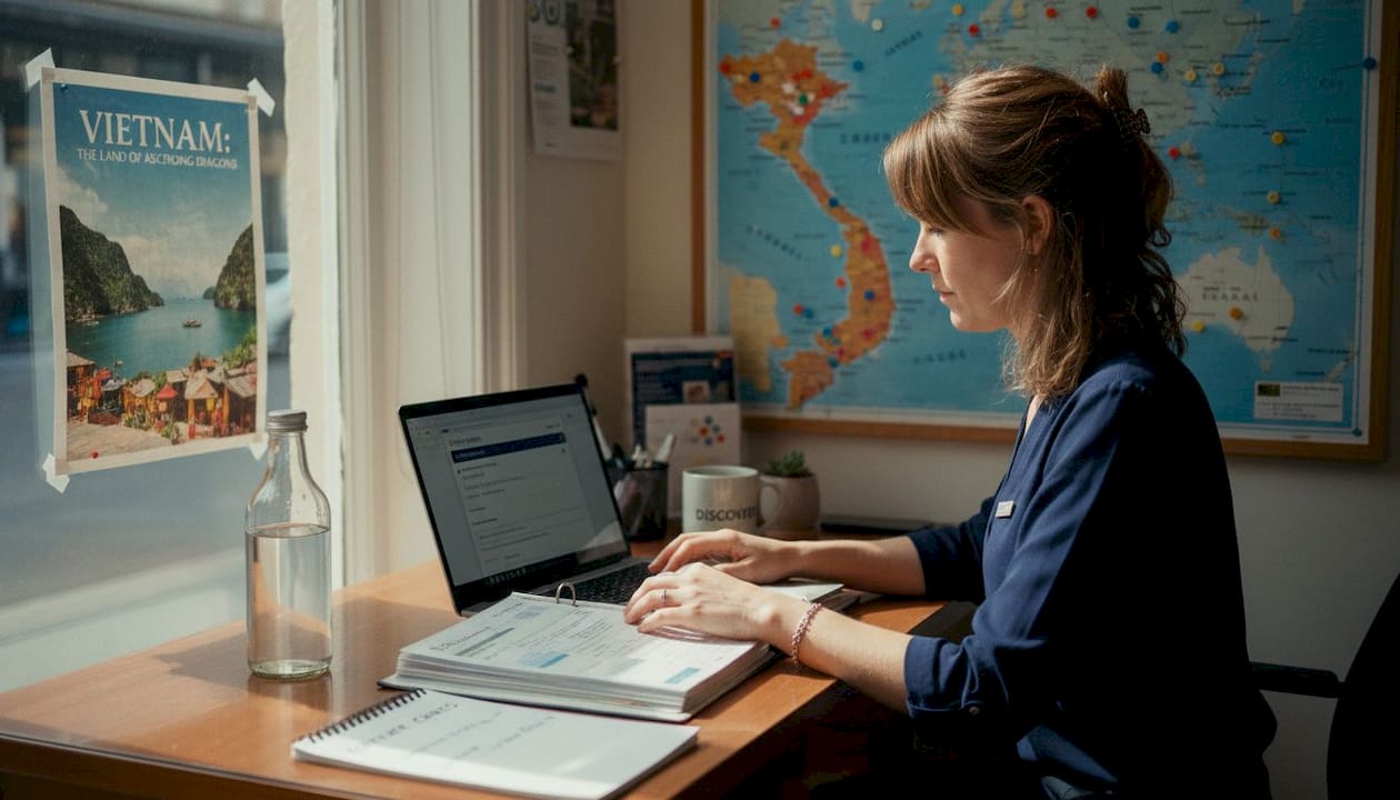 Travel agent planning Vietnam trip at desk