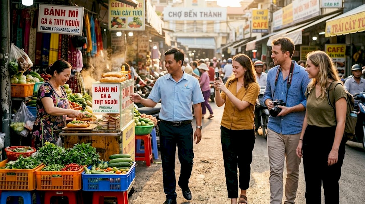 Guide and tourists at busy Vietnamese street food alley