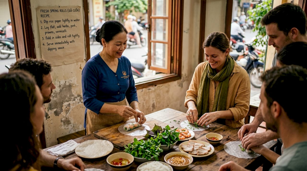 Cooking class with travelers in Hanoi kitchen