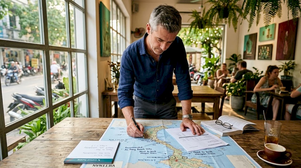 Man marks hotels on Vietnam travel map