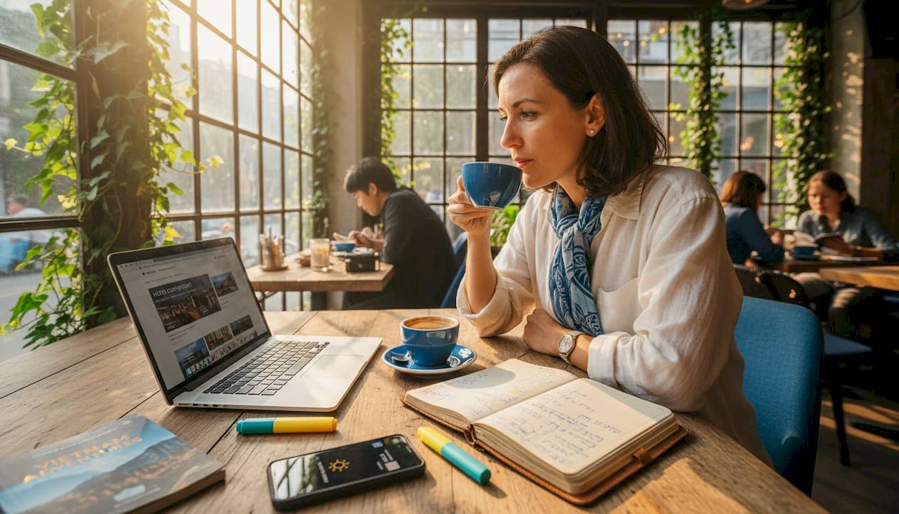 Woman comparing hotels on laptop at kitchen table