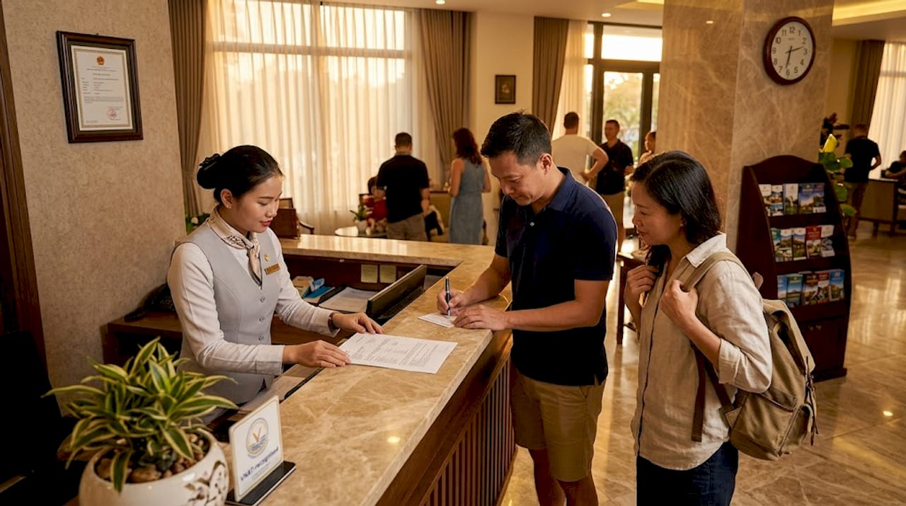 Hotel receptionist confirms booking at Vietnam lobby