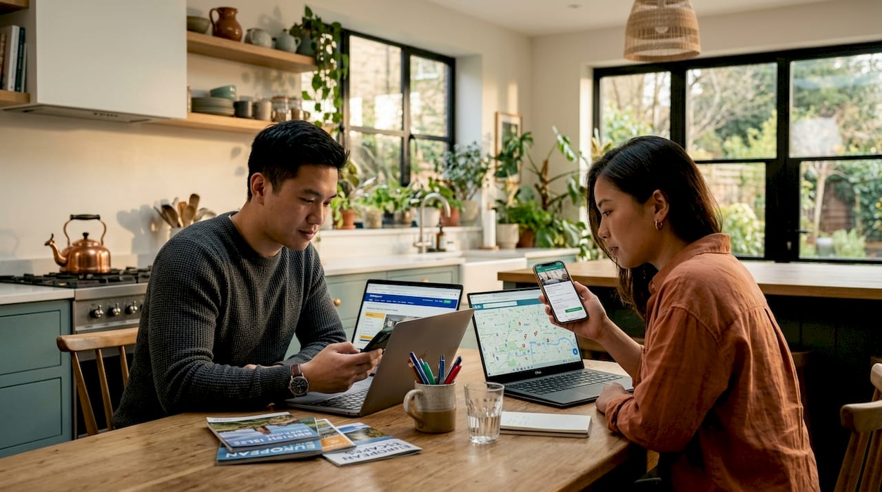 Travellers coordinating hotel booking online
