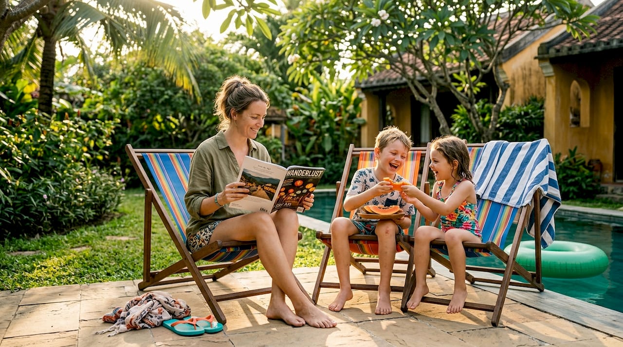 Family relaxing by Vietnam hotel pool