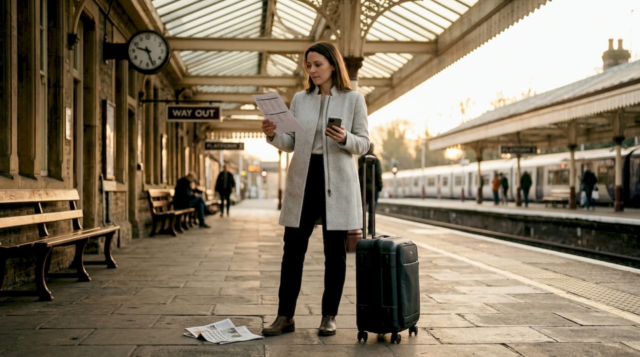 Woman reviews travel itinerary at airport gate