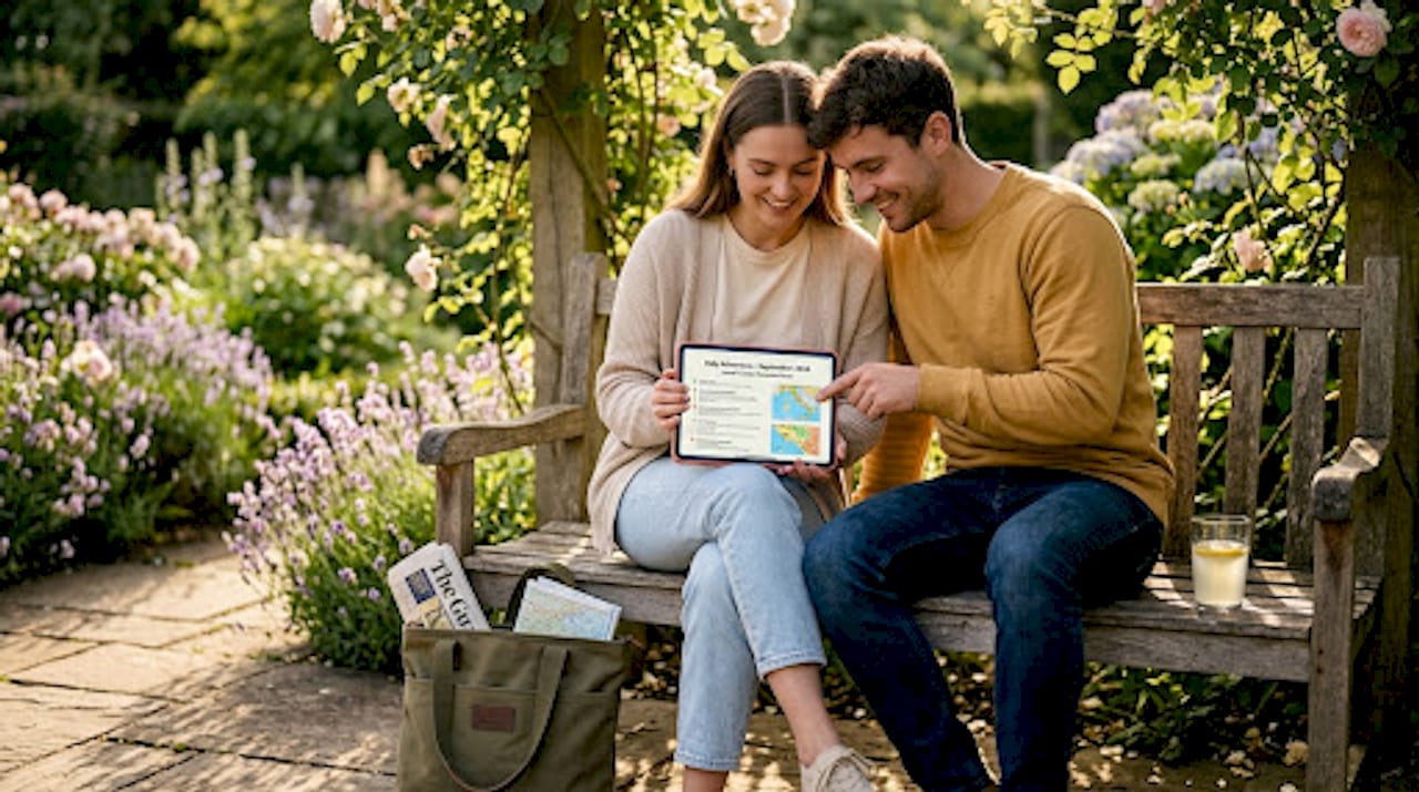 Couple reviewing honeymoon itinerary together