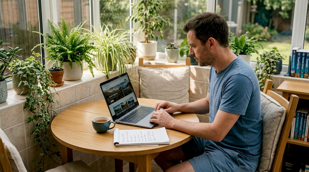 Man researching travel bookings on laptop
