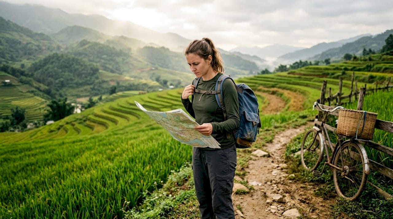 Traveler with backpack at Vietnam rice terraces