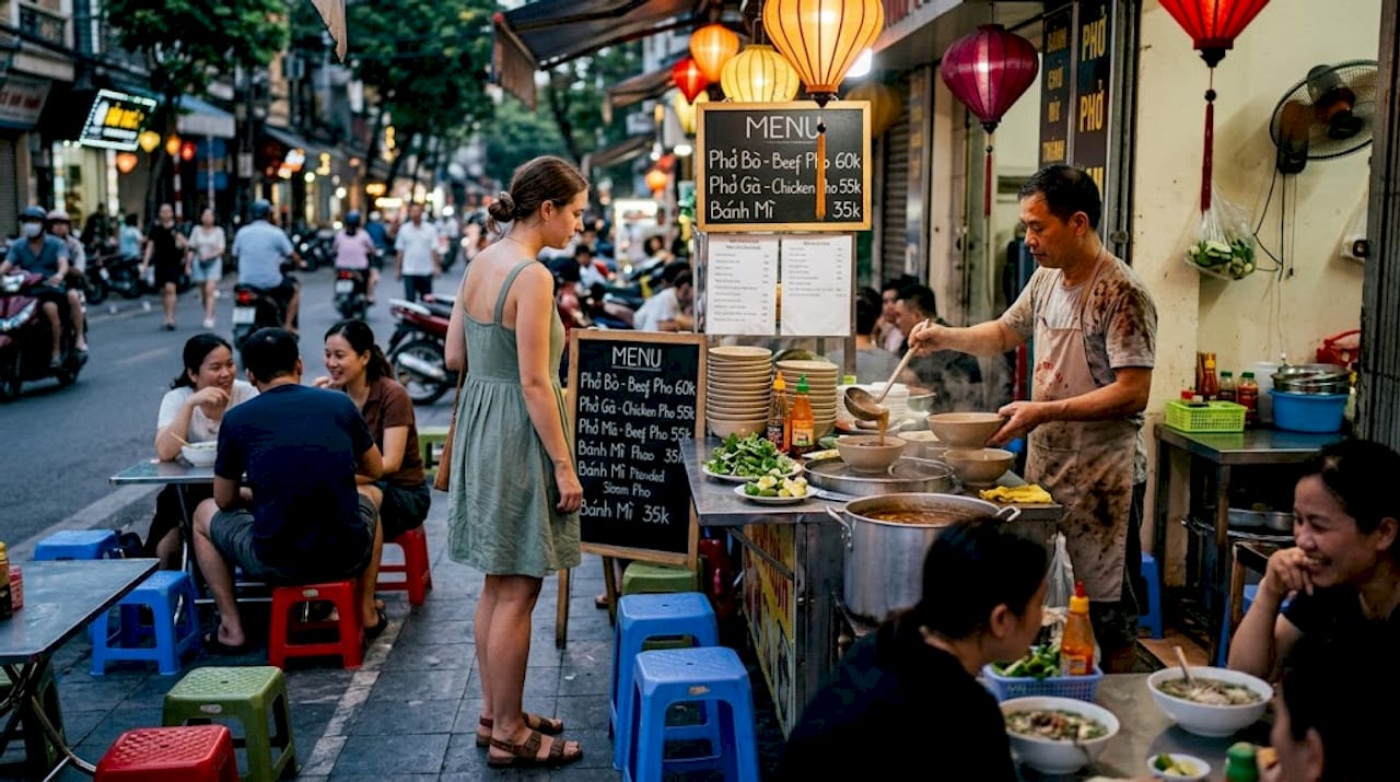 Traveler choosing street food at Vietnamese stall