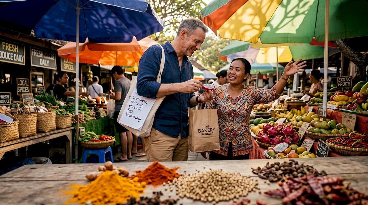 Traveler and guide at local street market