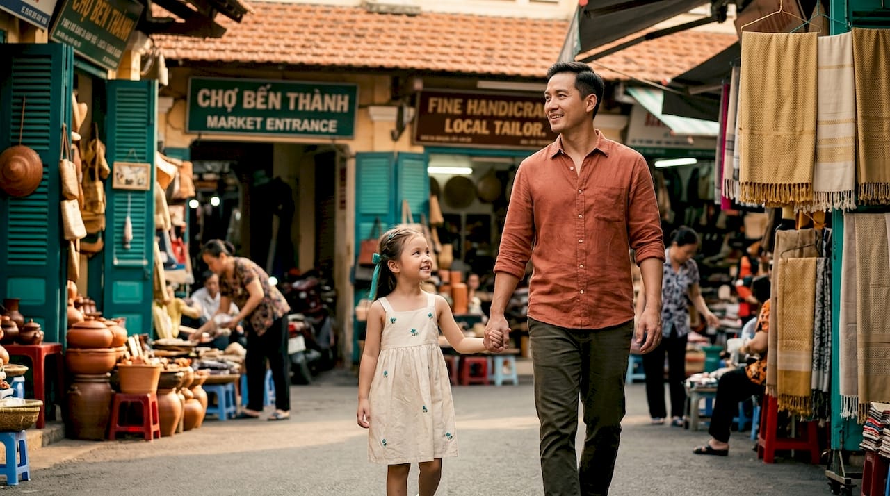 Family walking Ho Chi Minh City sidewalk