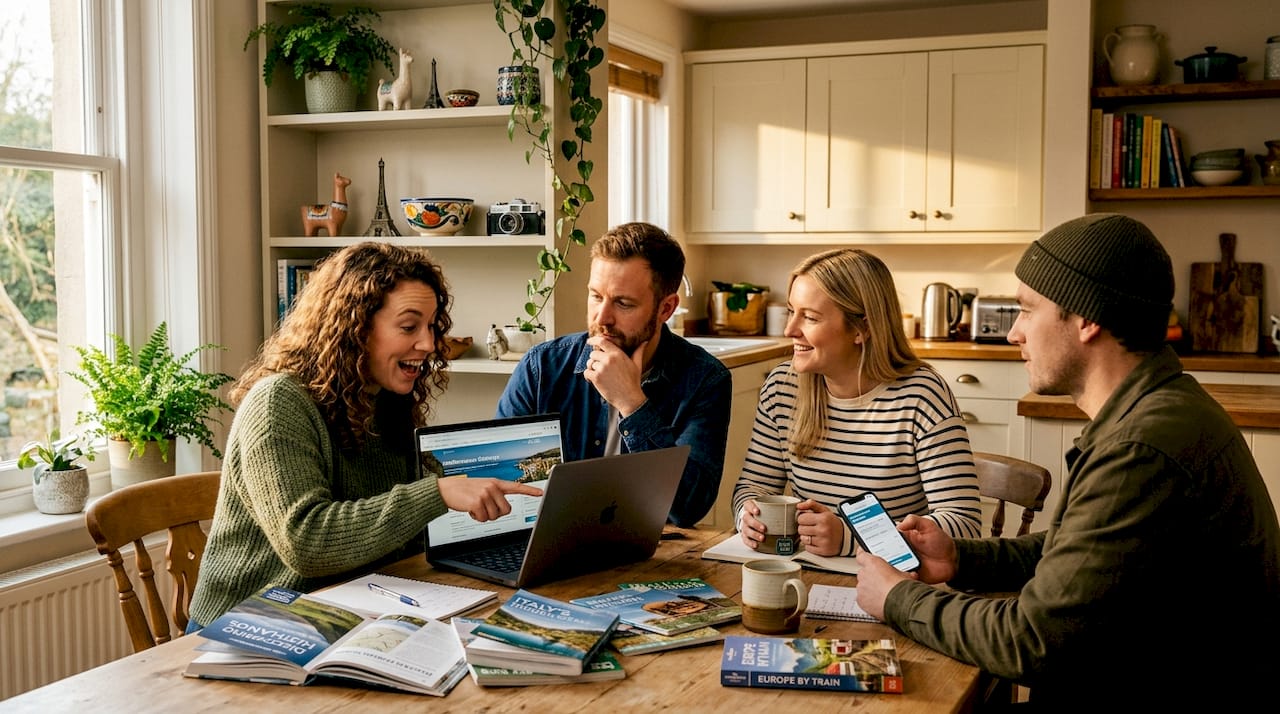 Friends discussing travel plans indoors