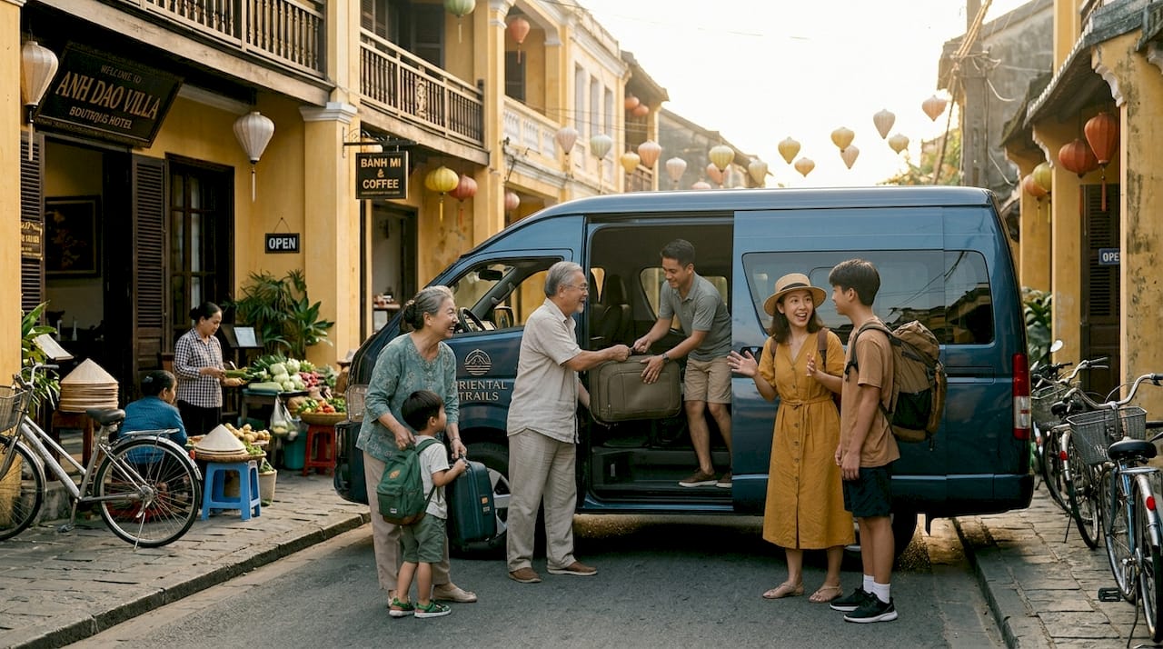 Family boarding private travel van in Vietnam