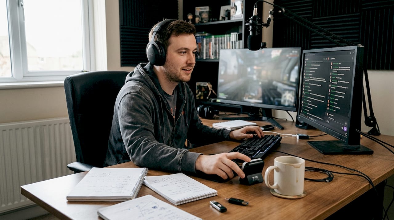 Streamer responding to live chat, cluttered desk