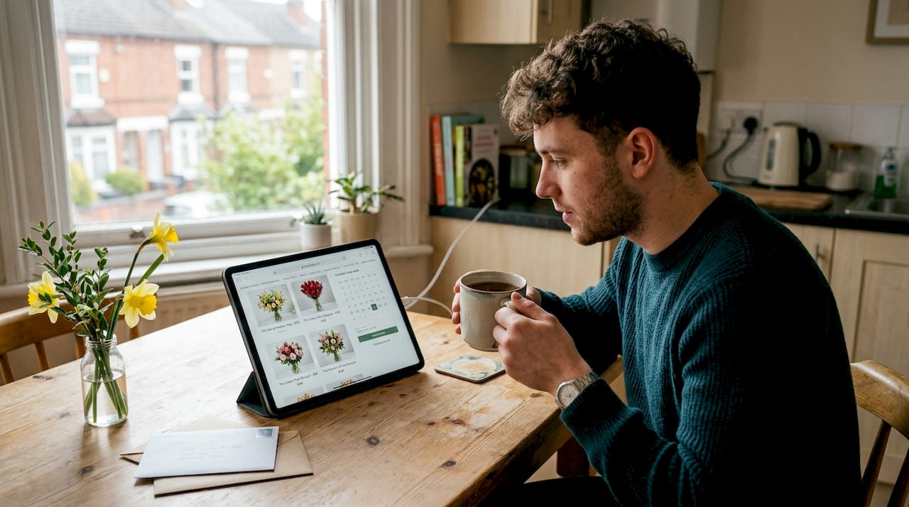 Man scheduling flower delivery at kitchen table