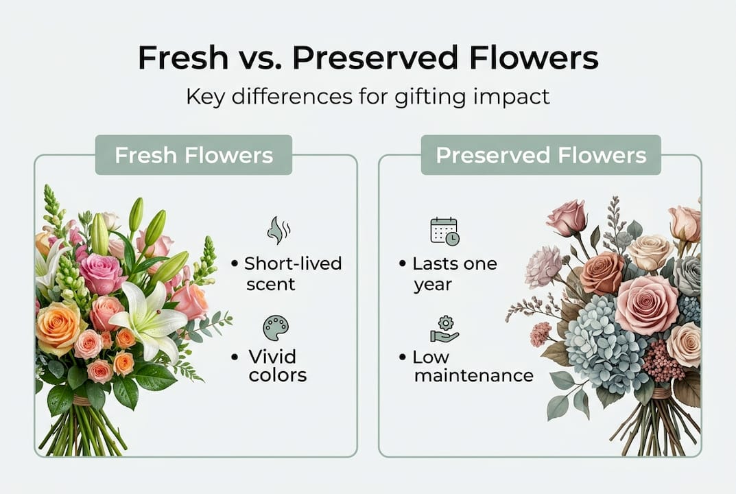Infographic comparing fresh and preserved flowers