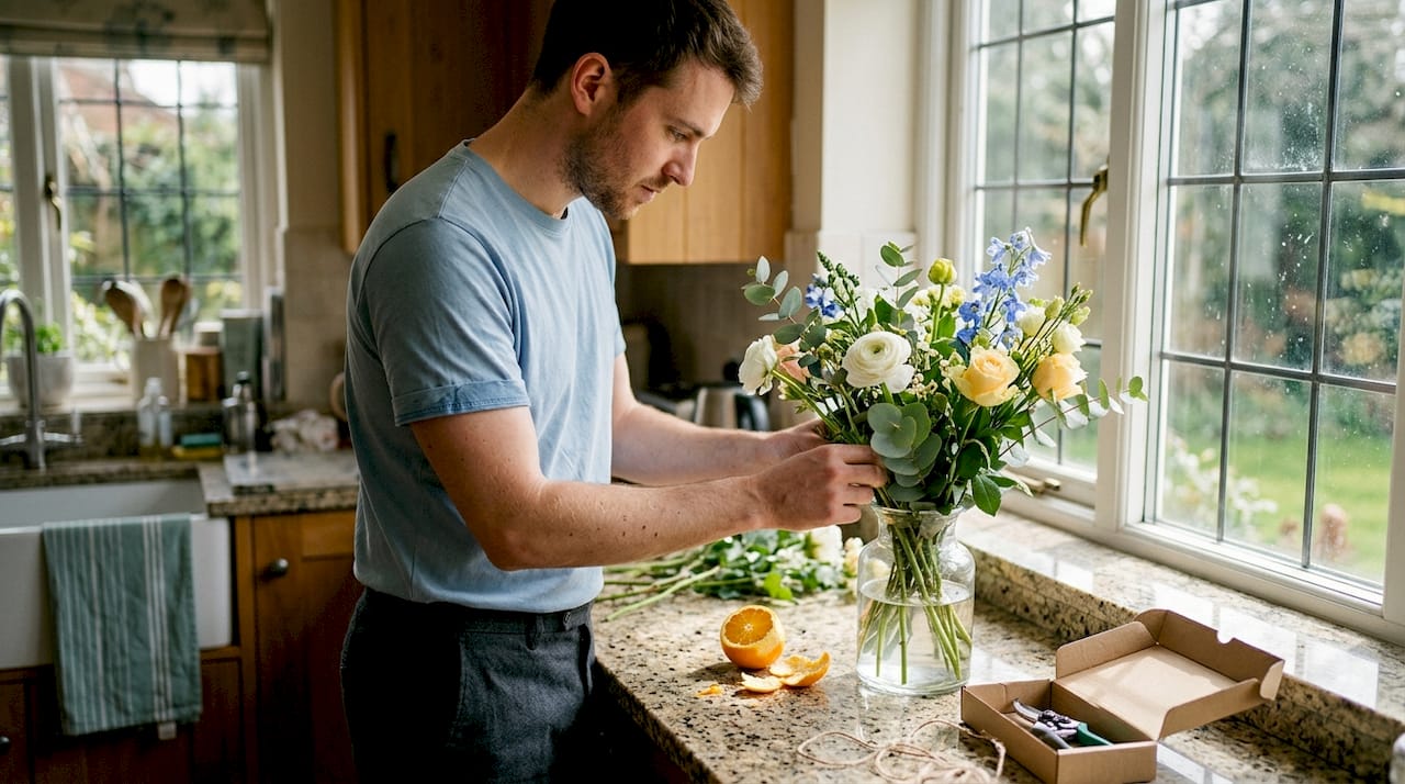 Man arranging fresh flowers near sunlit kitchen window