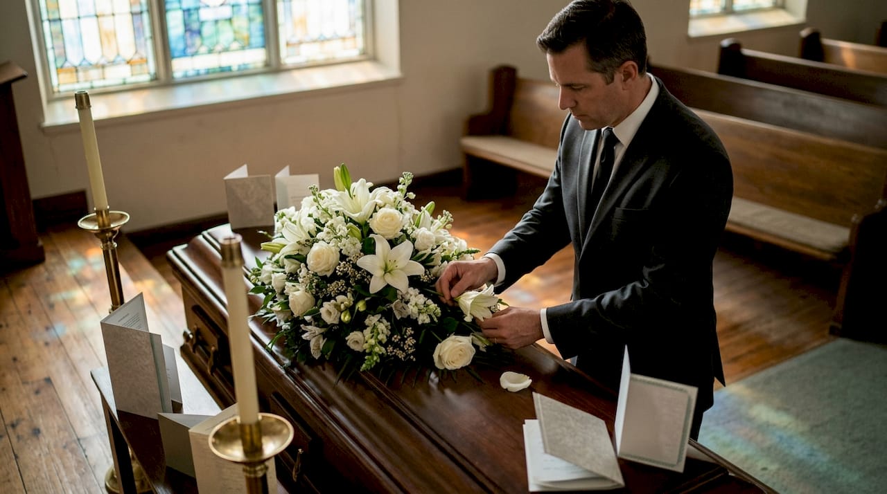 Director adjusting white lily coffin spray