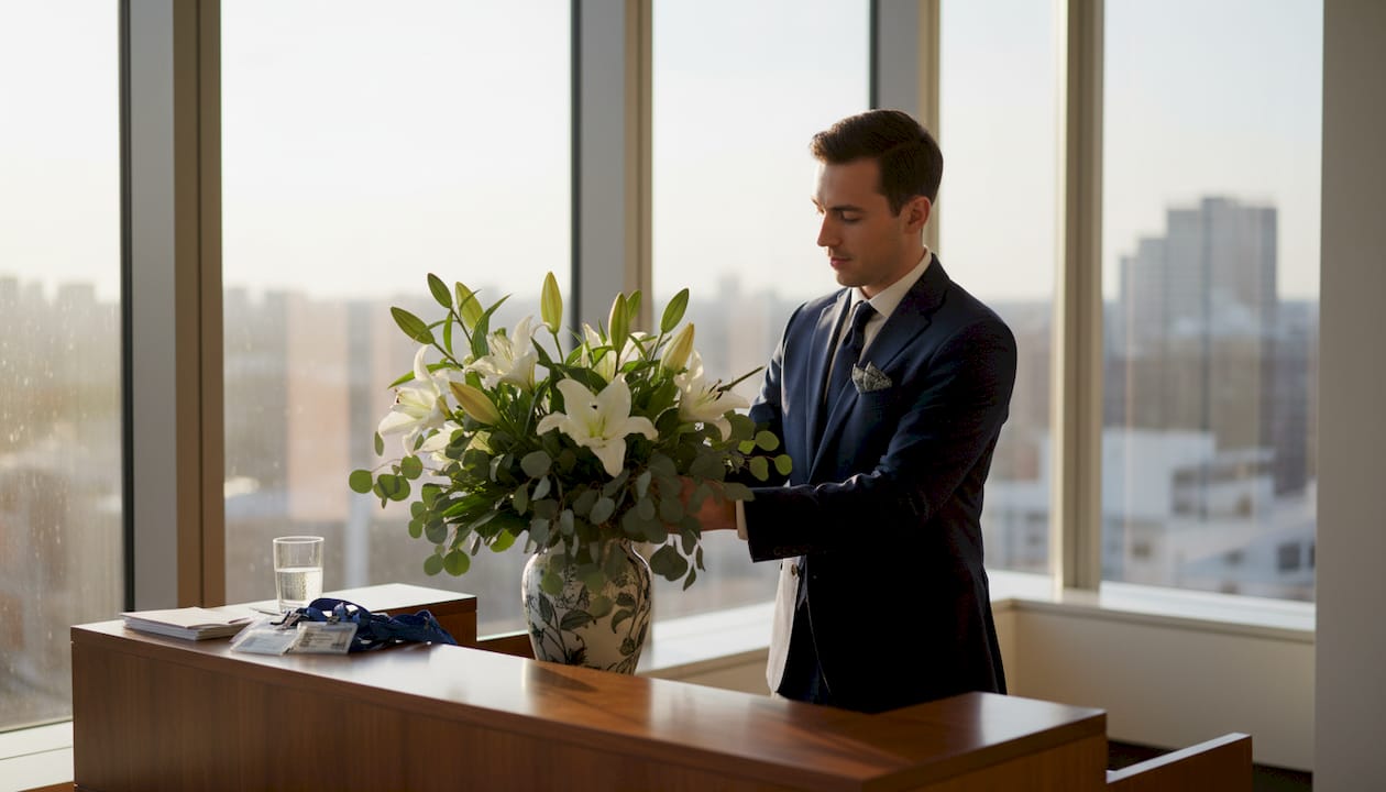 Receptionist with elegant floral display in office