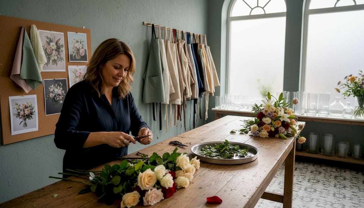 Florist arranging flowers in Birmingham studio