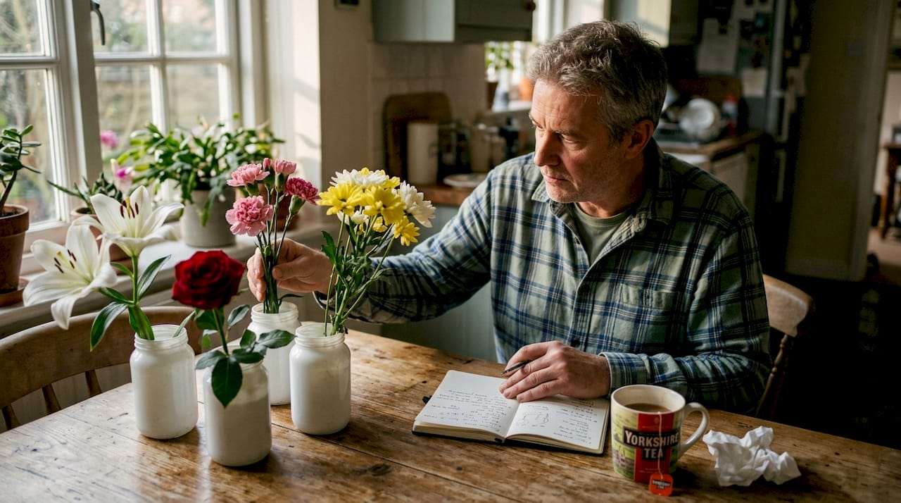Man sorting symbolic funeral flowers at table
