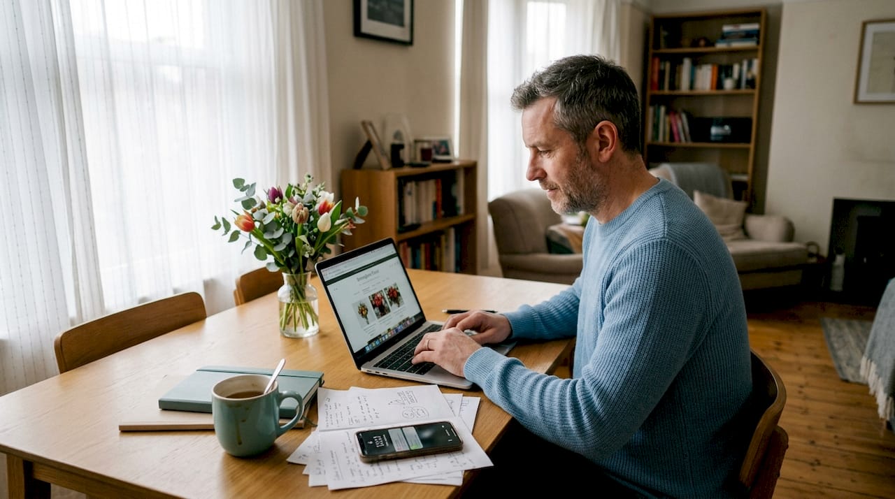Man planning bouquet gift at dining table