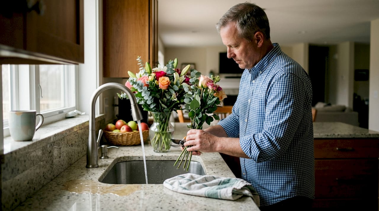 Man trimming flowers for home vase in kitchen