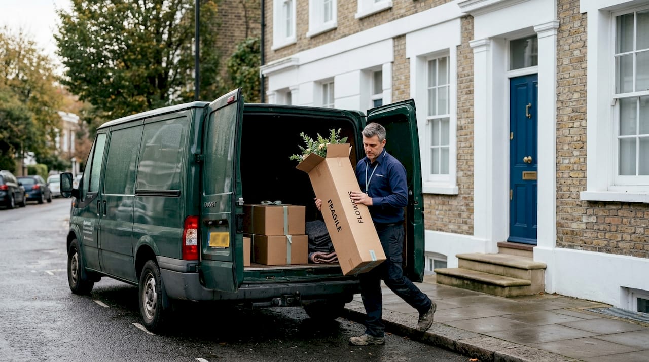 Florist delivering flowers outside townhouse