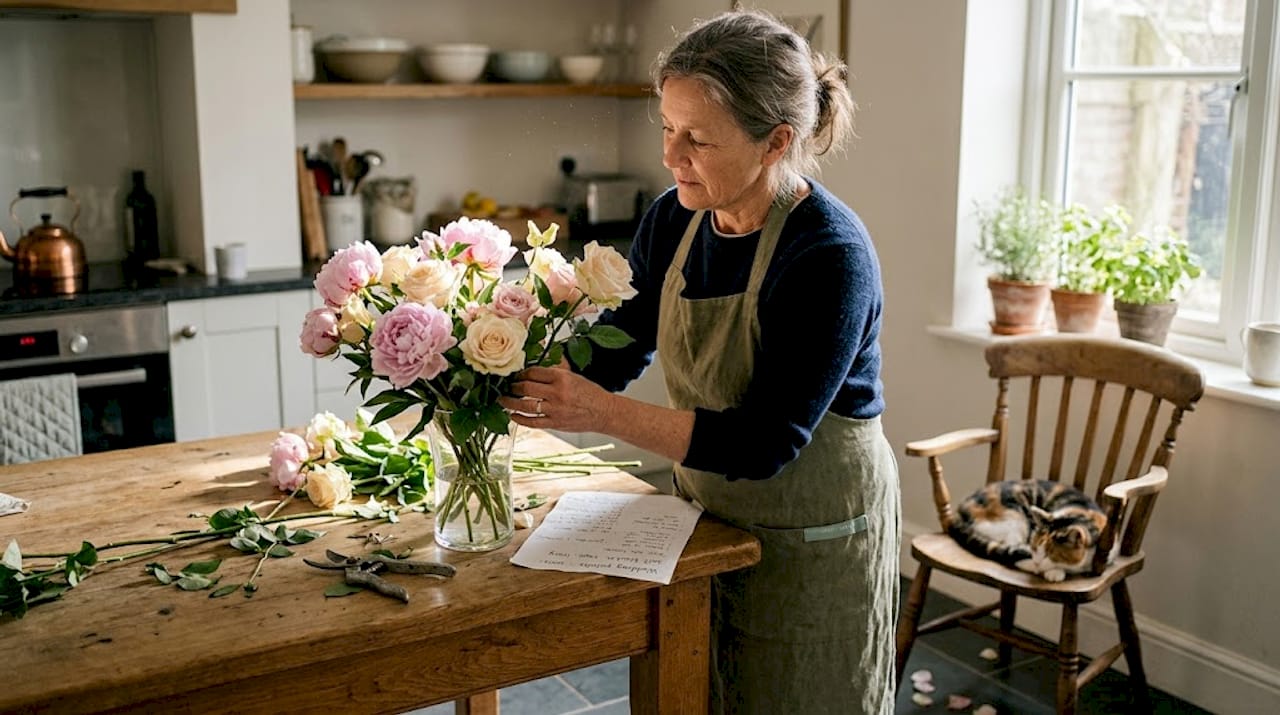 Florist arranging wedding bouquet at kitchen table