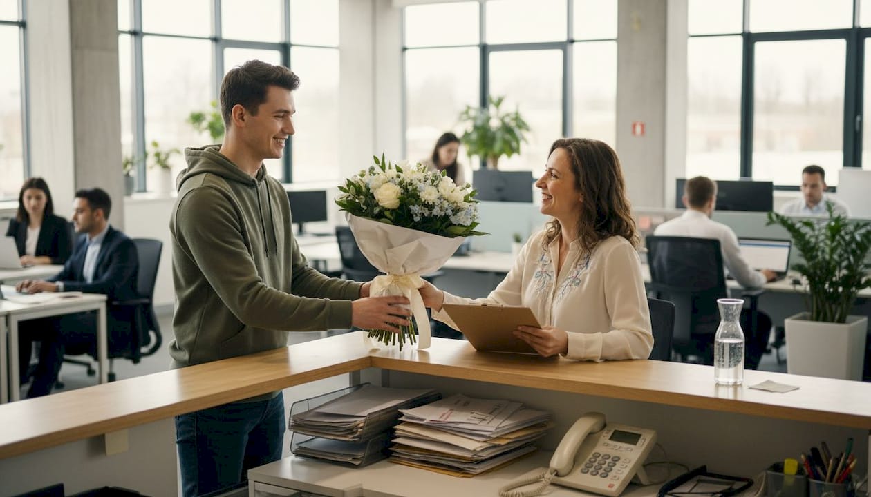 Reception desk receiving flower delivery in office