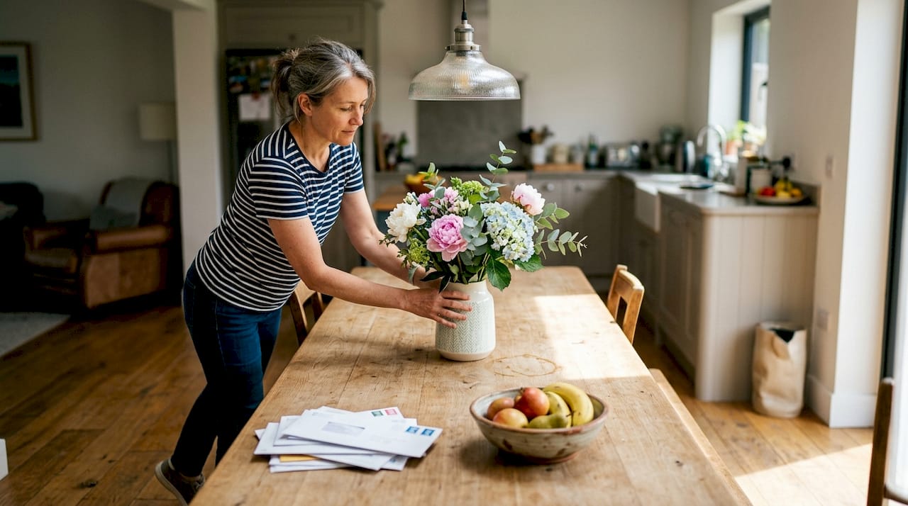 Woman placing asymmetrical flowers on dining table
