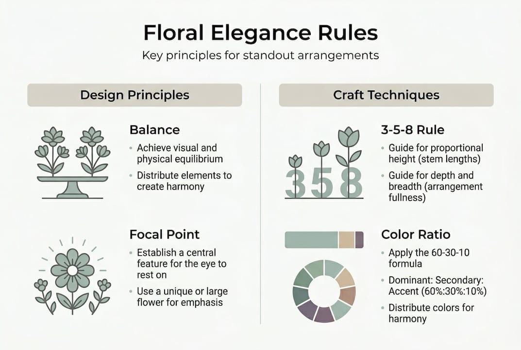 Infographic outlining rules of floral arrangement elegance