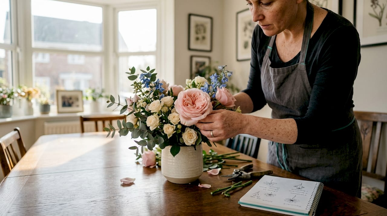 Hands arranging rose in elegant flower bouquet