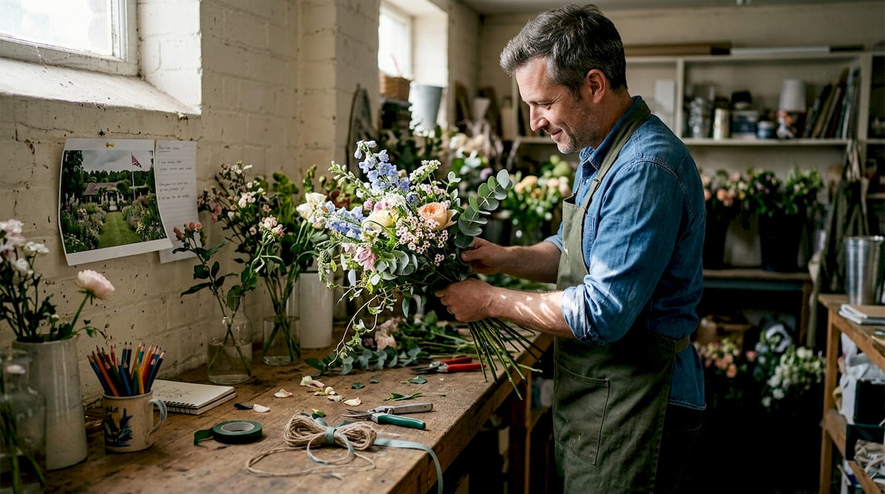 Florist assembling artistic bespoke bouquet