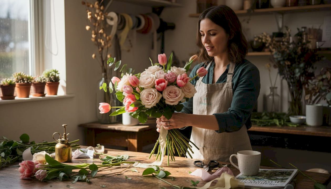 Florist tying signature luxury hand-tied bouquet