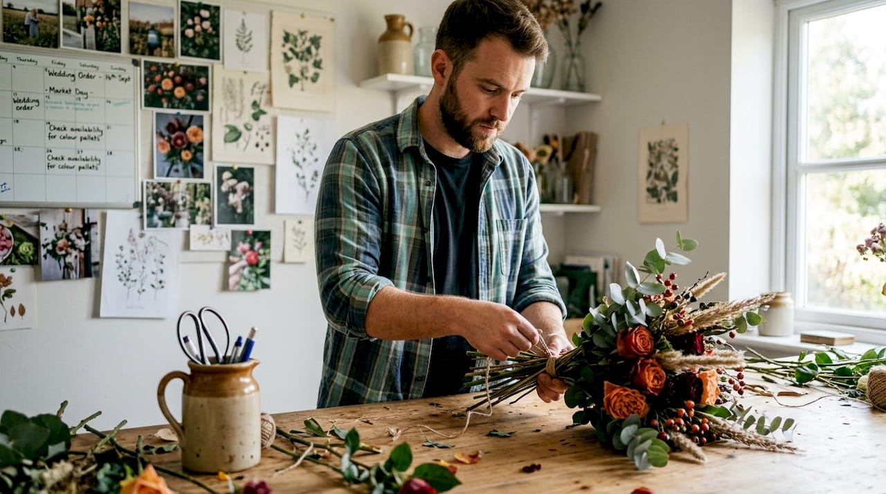 Florist tying bouquet in studio workspace