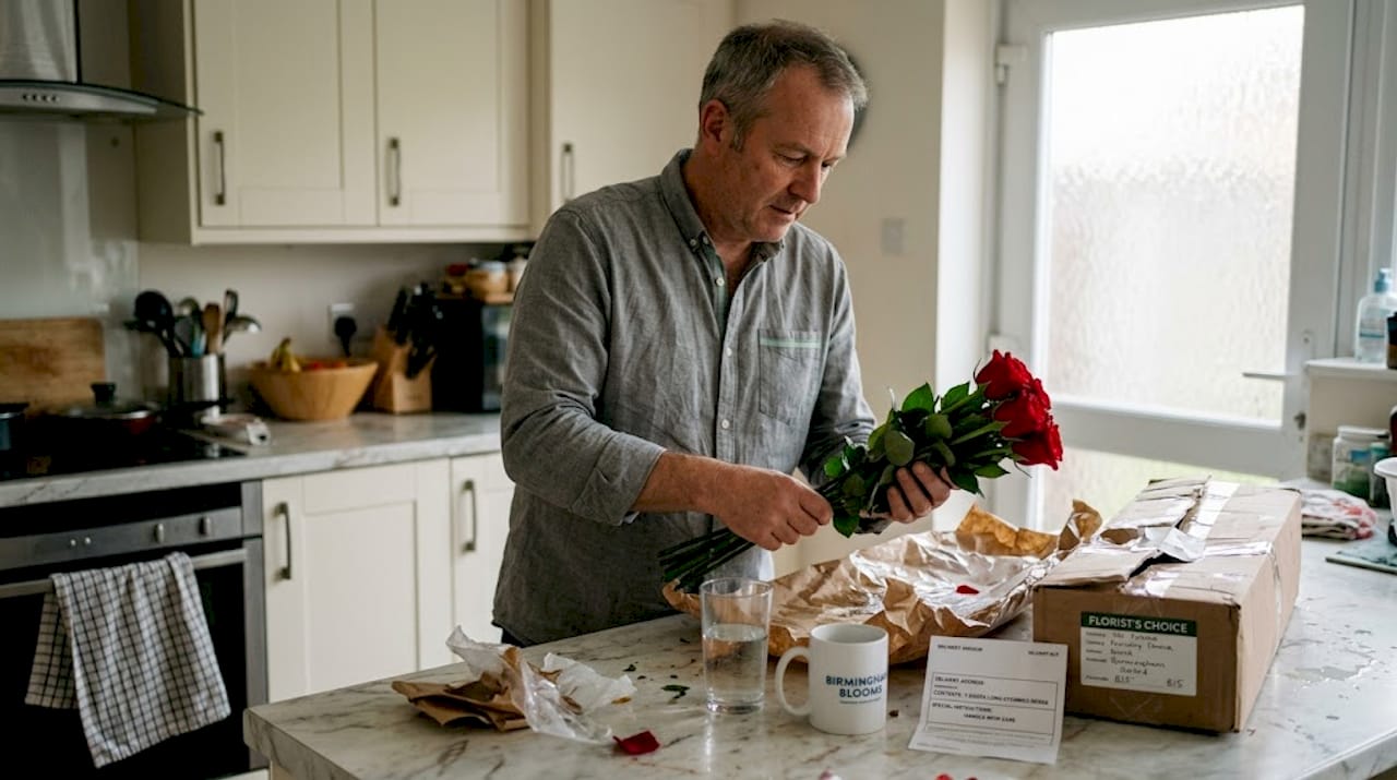 Man unboxing flowers in kitchen setting